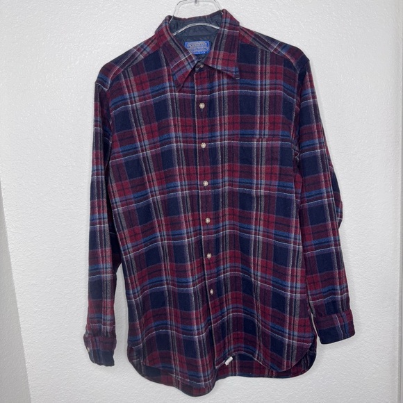 Vintage 1970'S PENDLETON 100% Wool Lodge Shirt Plaid One Chest Pocket Size Large - Picture 2 of 6